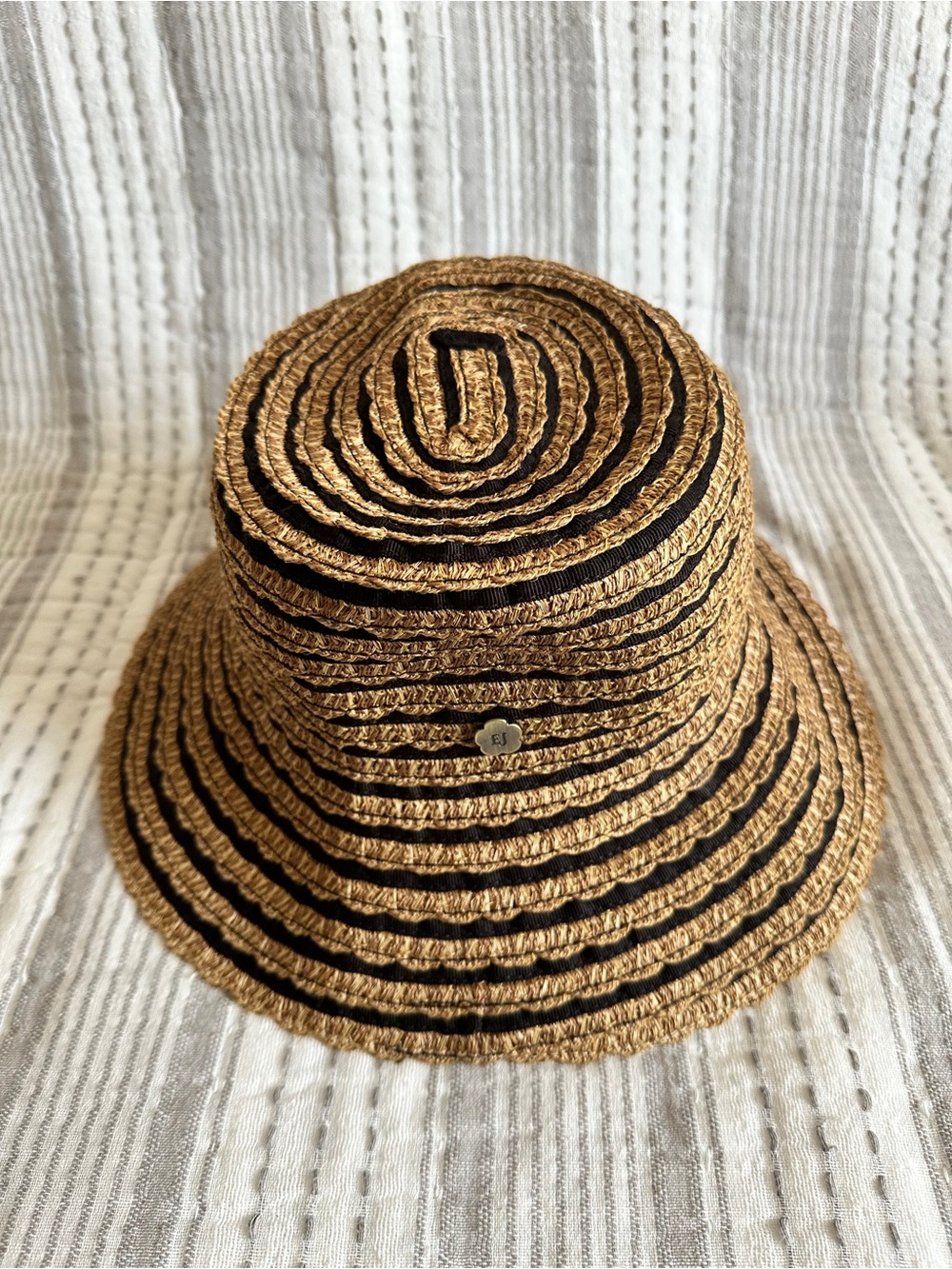Eric Javits Tan and Black Packable Straw Bucket Hat